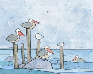 Pelicans in Rain Art Print, Coastal Nursery Wall Art, Ink and Watercolor Bird Illustration