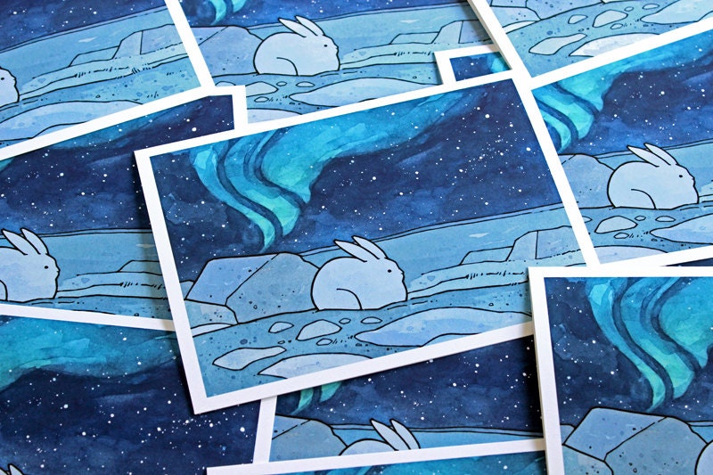 Christmas Cards Snowshoe Hare and Northern Lights Holiday Card Set