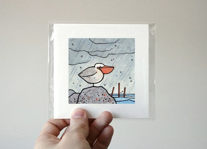 Pelican Miniature Watercolor Print, Coastal Bird Art