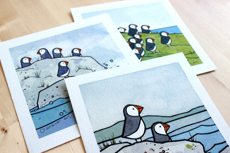 Puffins Illustration Print Set - Three 5x5 Prints