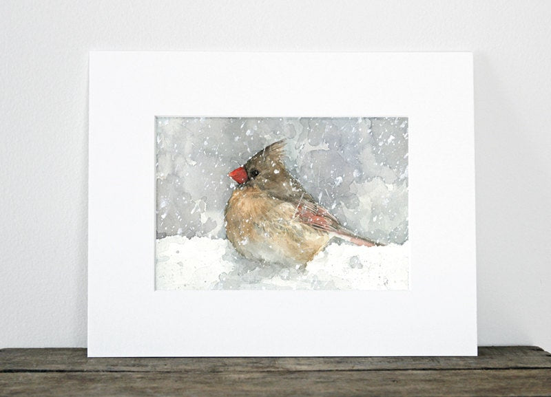 Female Cardinal Watercolor Art Print, Bird In Snow Painting, Backyard Birds