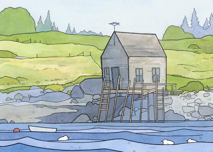 Maine Coast Landscape Print, Vinalhaven Boathouse Drawing
