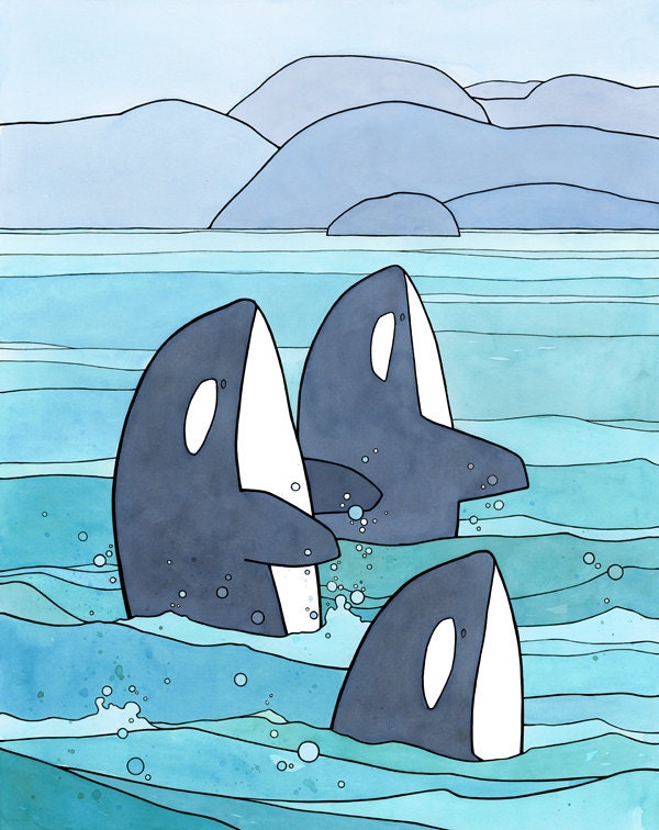 Orca Print, Killer Whales Illustration, Pacific Northwest Coastal Nursery Art