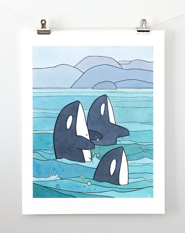 Orca Print, Killer Whales Illustration, Pacific Northwest Coastal Nursery Art