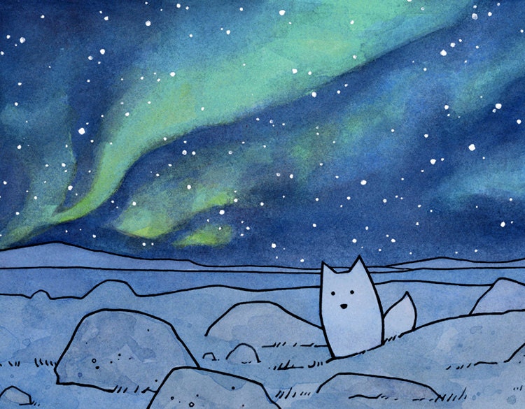 Northern Lights Arctic Fox Art Print, Watercolor Illustration, Kids Room Wall Art, Winter Decor