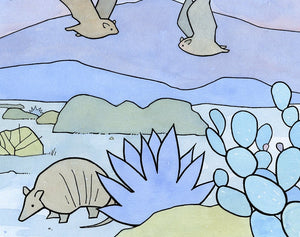 Bats and Armadillo Southwest Desert Print, Animal Illustration, Limited Edition Art Print