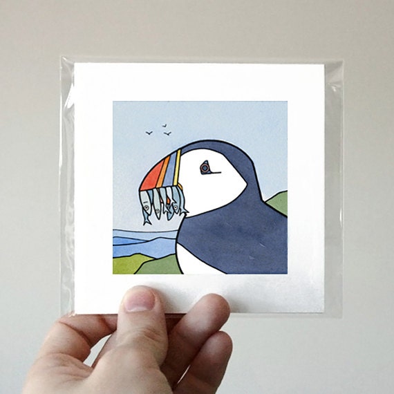 Puffin with Fish Print Illustration, Coastal Maine Art