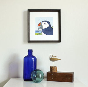 Puffin with Fish Print Illustration, Coastal Maine Art
