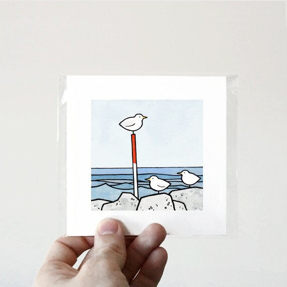 Miniature Sea Gulls Beach Print Watercolor Illustration 3x3 or 5x5