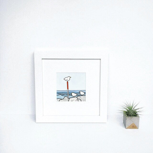 Miniature Sea Gulls Beach Print Watercolor Illustration 3x3 or 5x5
