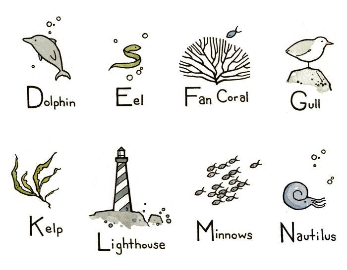 Ocean Alphabet Illustrated Print, Nautical ABC Art Print, Nursery Decor