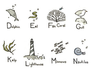 Ocean Alphabet Illustrated Print, Nautical ABC Art Print, Nursery Decor