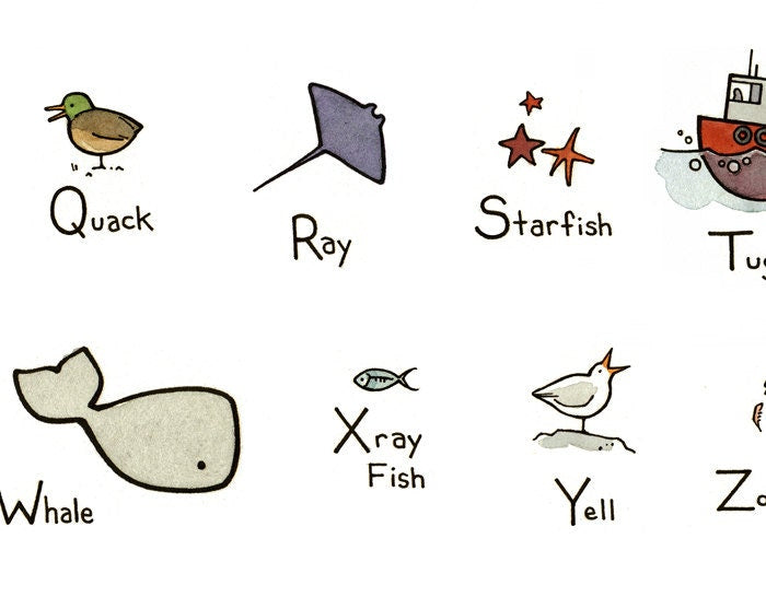 Ocean Alphabet Illustrated Print, Nautical ABC Art Print, Nursery Decor