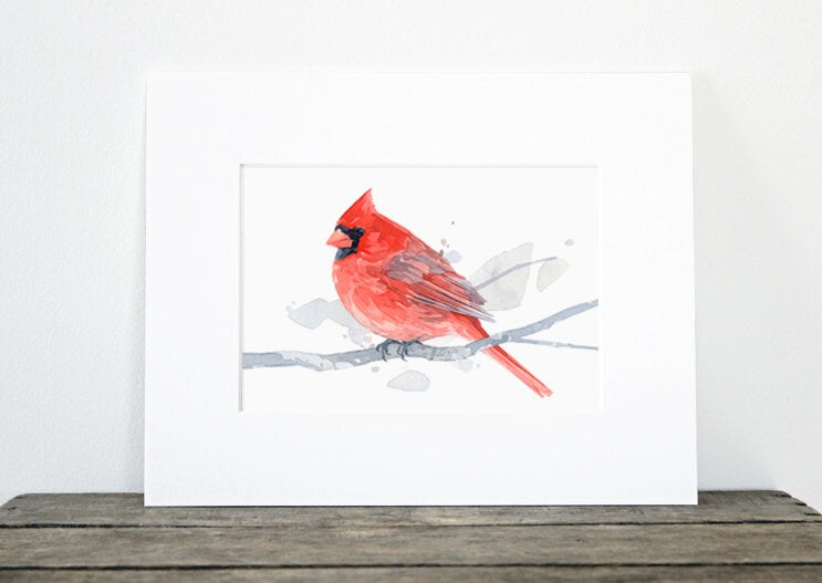 Red Cardinal Watercolor Art Print, 5x7 Bird Painting Wall Art