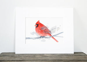 Red Cardinal Watercolor Art Print, 5x7 Bird Painting Wall Art