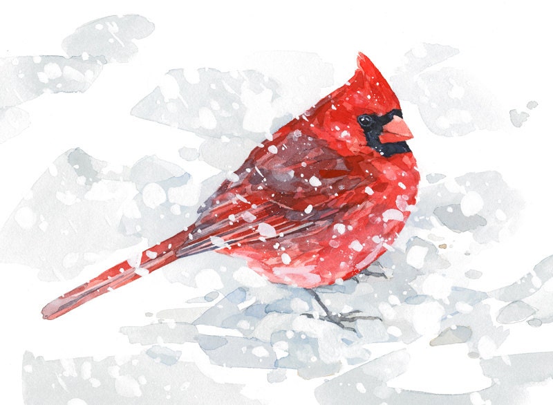 Red Cardinal in Snow Watercolor Painting, 5x7 Bird Art Print