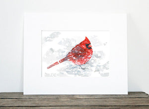 Red Cardinal in Snow Watercolor Painting, 5x7 Bird Art Print