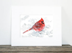 Red Cardinal in Snow Watercolor Painting, 5x7 Bird Art Print