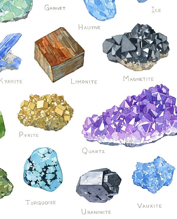 Minerals Watercolor Alphabet Art Print, Gemstone Painting, Crystal Poster