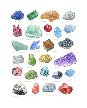 Minerals Watercolor Alphabet Art Print, Gemstone Painting, Crystal Poster