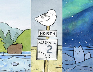 Alaska Animals Print Set, 5x7 Watercolor Illustration Prints, Bear, Arctic Fox, Snowy Owl