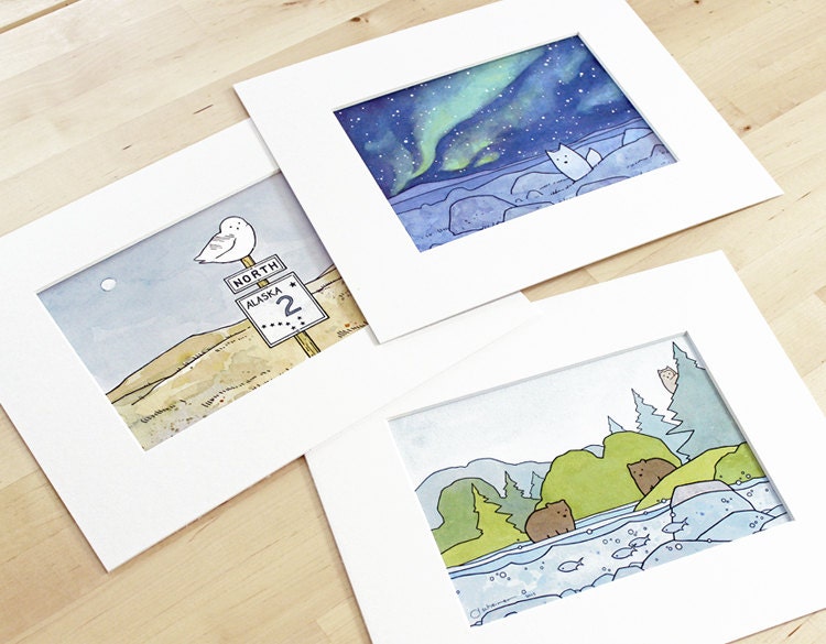 Alaska Animals Print Set, 5x7 Watercolor Illustration Prints, Bear, Arctic Fox, Snowy Owl
