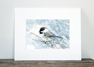 Chickadee in Snow Watercolor Art Print, Bird Painting, Audubon Wall Art