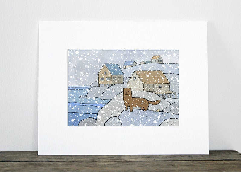 Mink Cute Animal Art Print, Snowy Coast Illustration for Kids Room