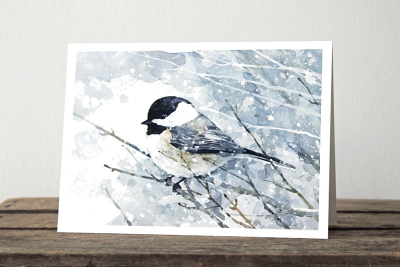 Chickadee Snow Watercolor Card Set, 10 Cards, Winter Christmas Card Stationery