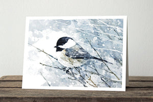 Chickadee Snow Watercolor Card Set, 10 Cards, Winter Christmas Card Stationery