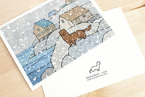 Mink and Snow Christmas Card Set, Watercolor Stationary, Holiday Cards