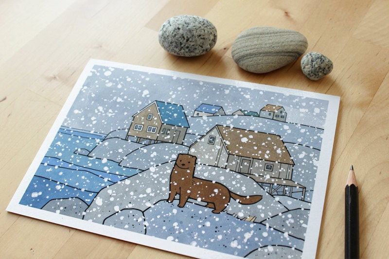 Mink and Snow Christmas Card Set, Watercolor Stationary, Holiday Cards