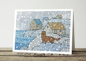 Mink and Snow Christmas Card Set, Watercolor Stationary, Holiday Cards