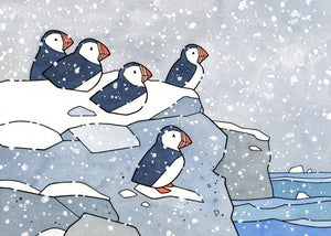 Puffins in Snow Holiday Card - Illustrated Iceland Christmas Card