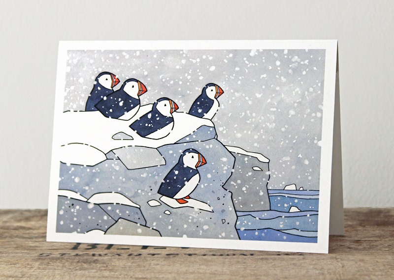 Puffins in Snow Holiday Card - Illustrated Iceland Christmas Card