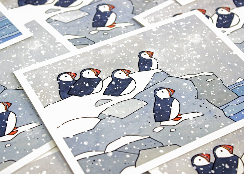 Puffins in Snow Holiday Card - Illustrated Iceland Christmas Card