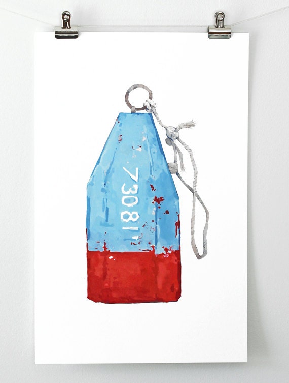 Lobster Buoy Watercolor Painting, Blue and Red Nautical Print
