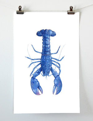 Blue Lobster Watercolor Print, Nautical New England Wall Art
