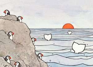 Whale Tails and Puffins Illustration Print, Nursery Wall Art, Coastal Bird Art