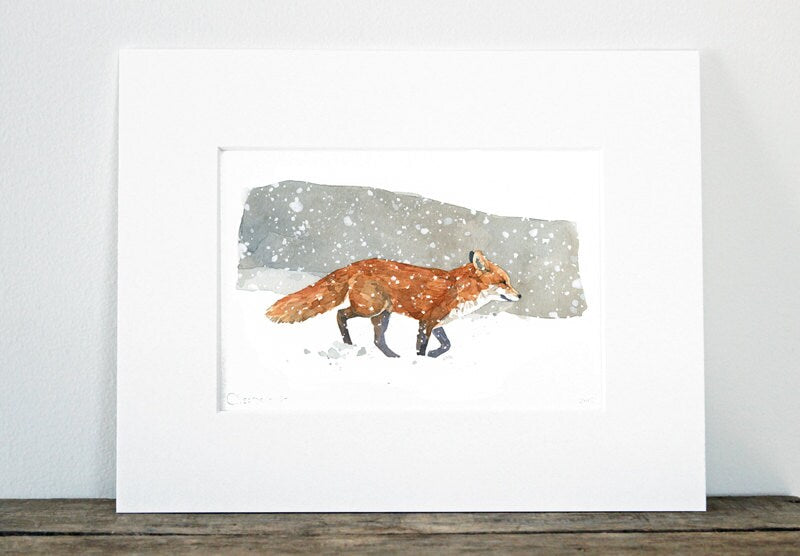 Red Fox in Snow Watercolor Painting, Art Print