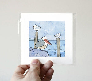 Pelican, Gull, and Tern Mini Art Print, Coastal Water Birds Illustration