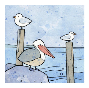 Pelican, Gull, and Tern Mini Art Print, Coastal Water Birds Illustration