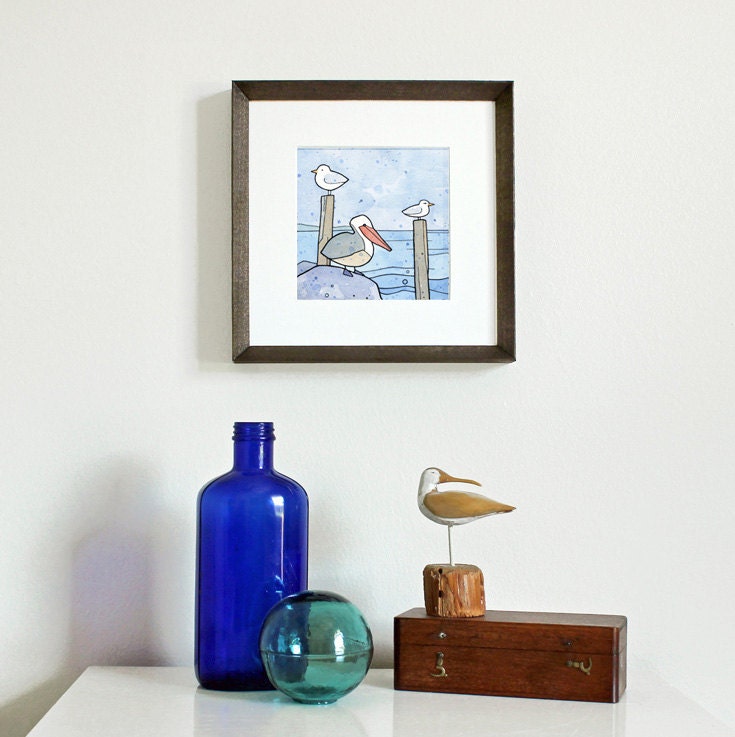Pelican, Gull, and Tern Mini Art Print, Coastal Water Birds Illustration