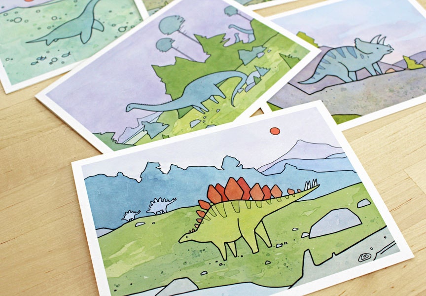 Dinosaur Card Set, 10 Illustrated Cards, Fun Dinosaur Cards for Kids