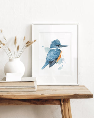 Kingfisher Watercolor Print, Bird Painting Wall Art