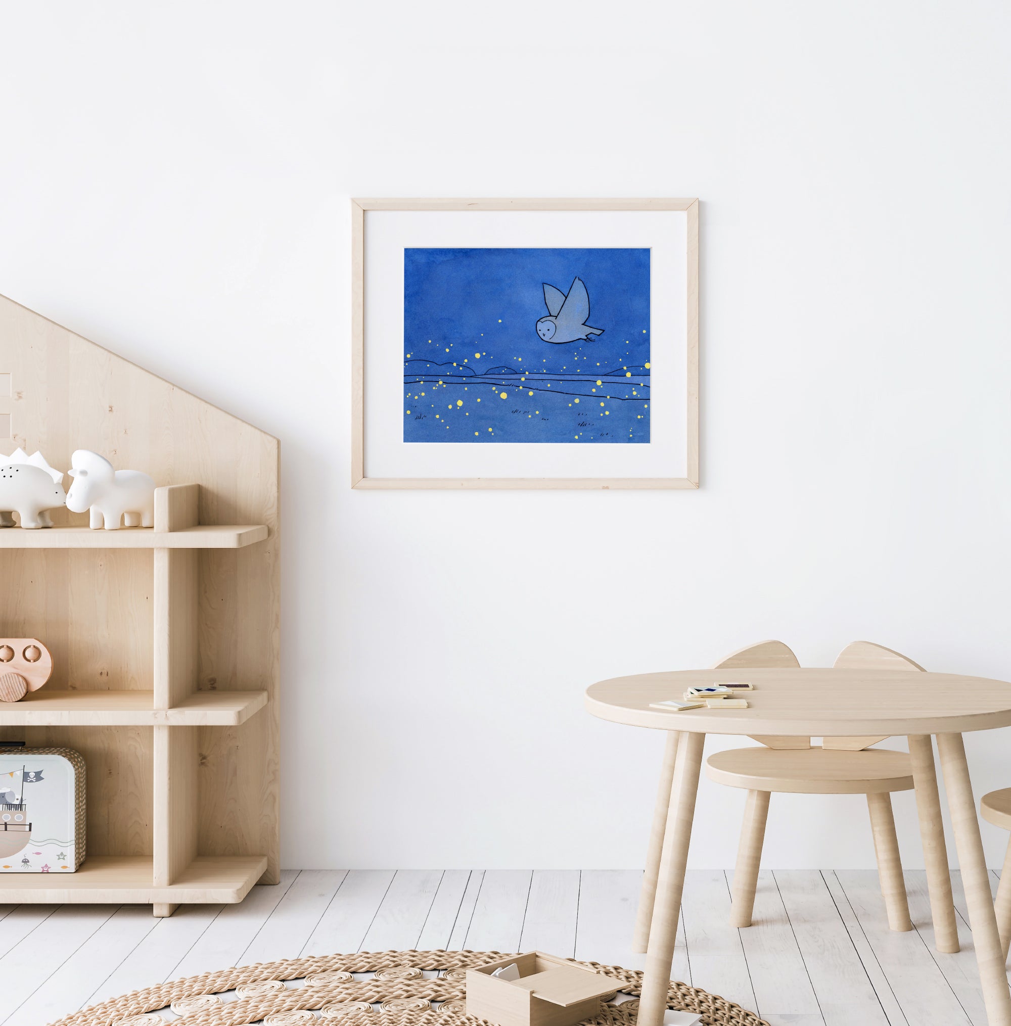 Owl and Fireflies Art Print, Barn Owl Illustration
