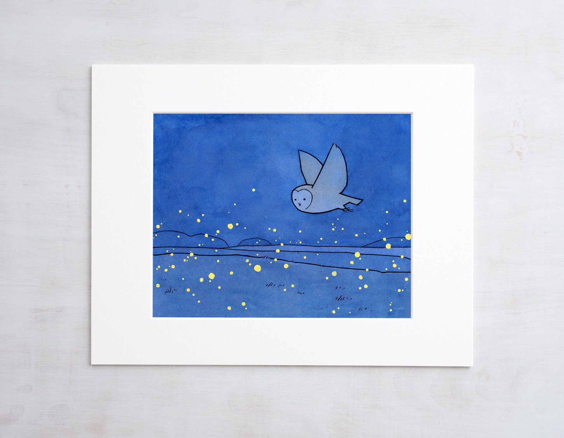 Owl and Fireflies Art Print, Barn Owl Illustration