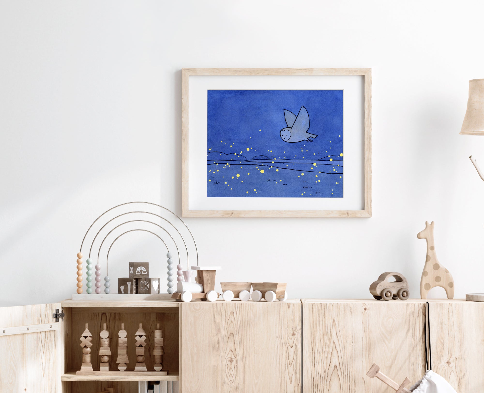 Owl and Fireflies Art Print, Barn Owl Illustration