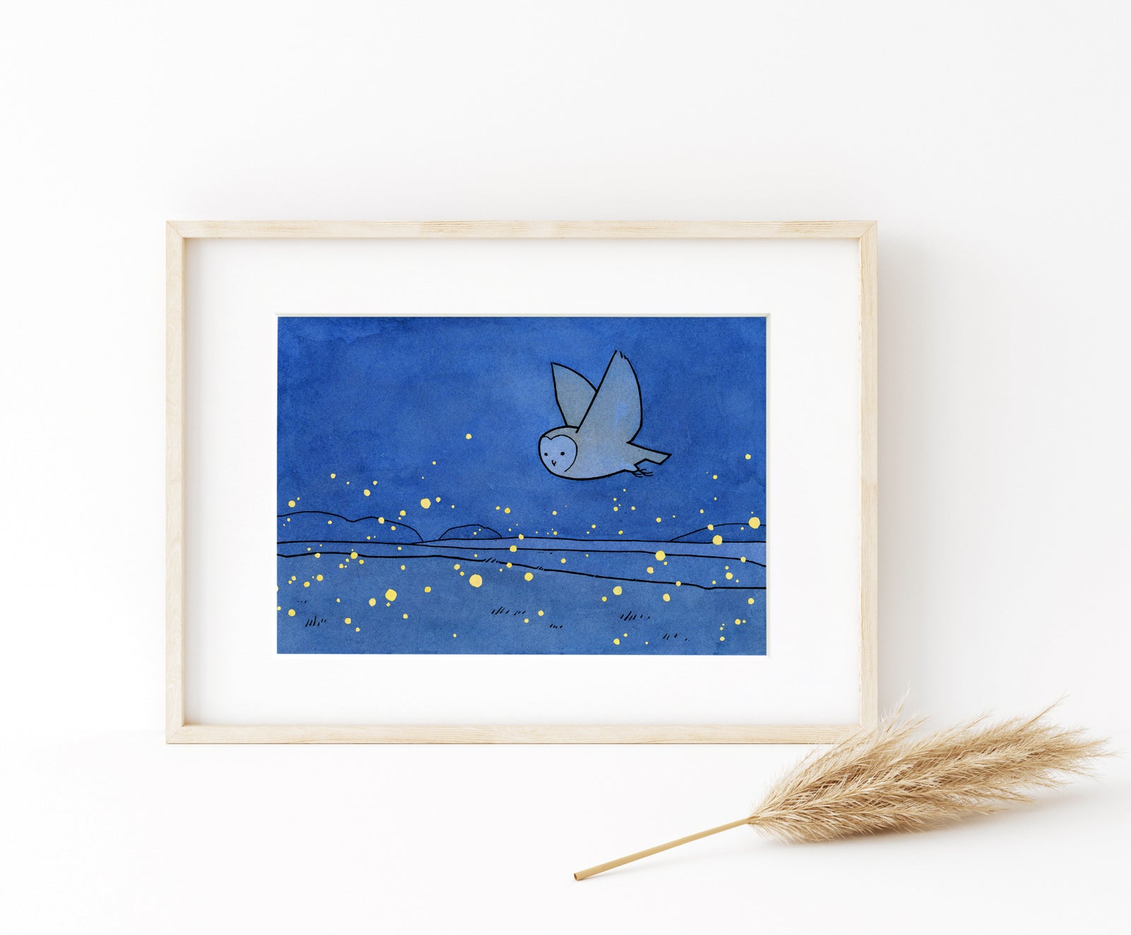 Owl and Fireflies Art Print, Barn Owl Illustration