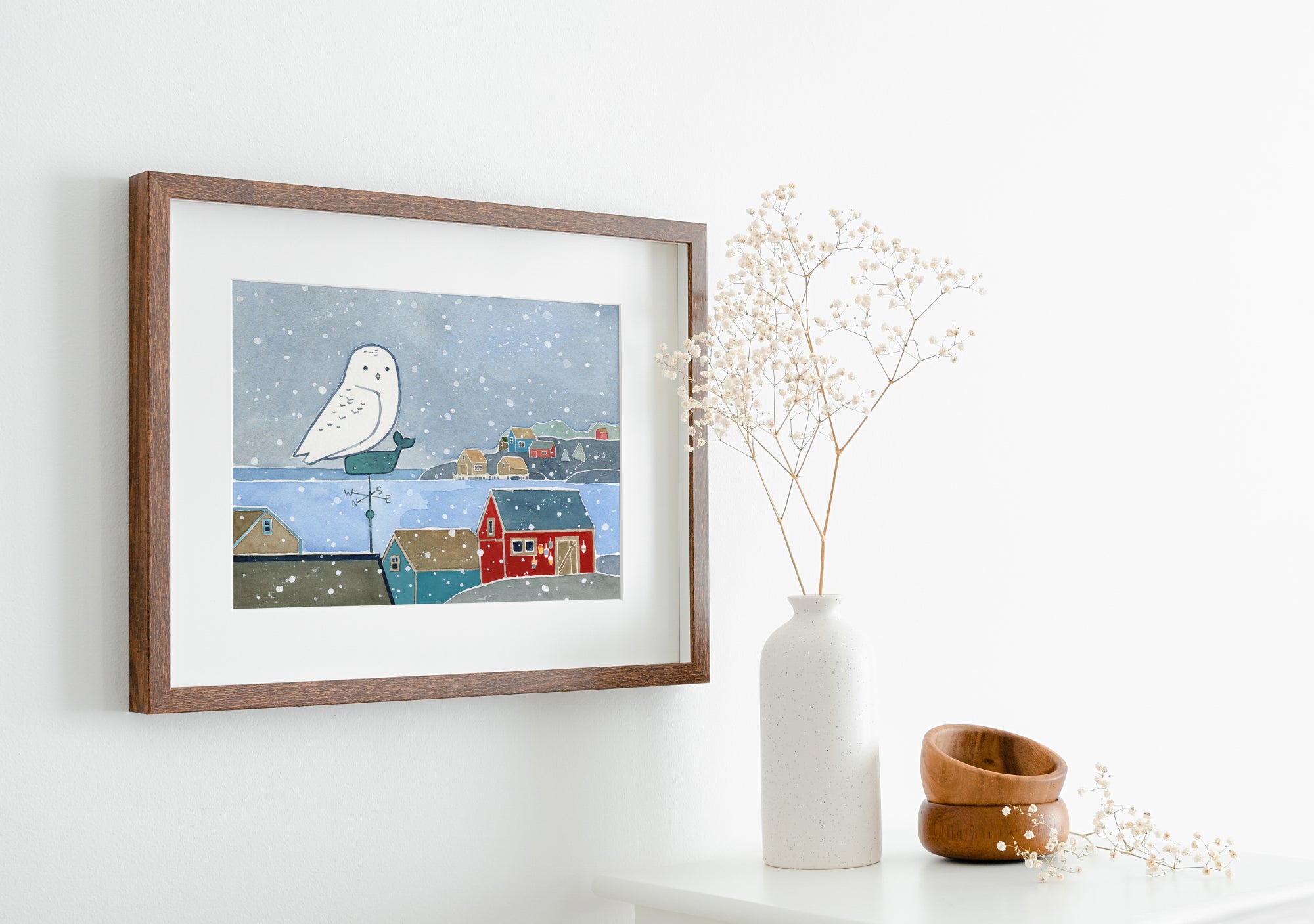 Snowy Owl Winter Coastal Print, New England Seascape Painting, Fishing Town Illustration